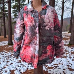 Soft Surroundings Floral Puffer Jacket - Pink and Gray